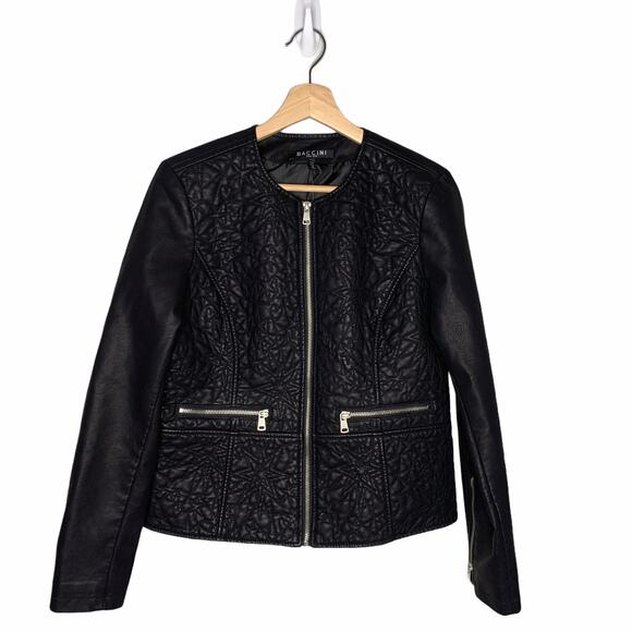 Baccini Black Vegan Leather Moto Jacket • Petite Medium • Edgy Zip Detail NWT - Picture 3 of 10